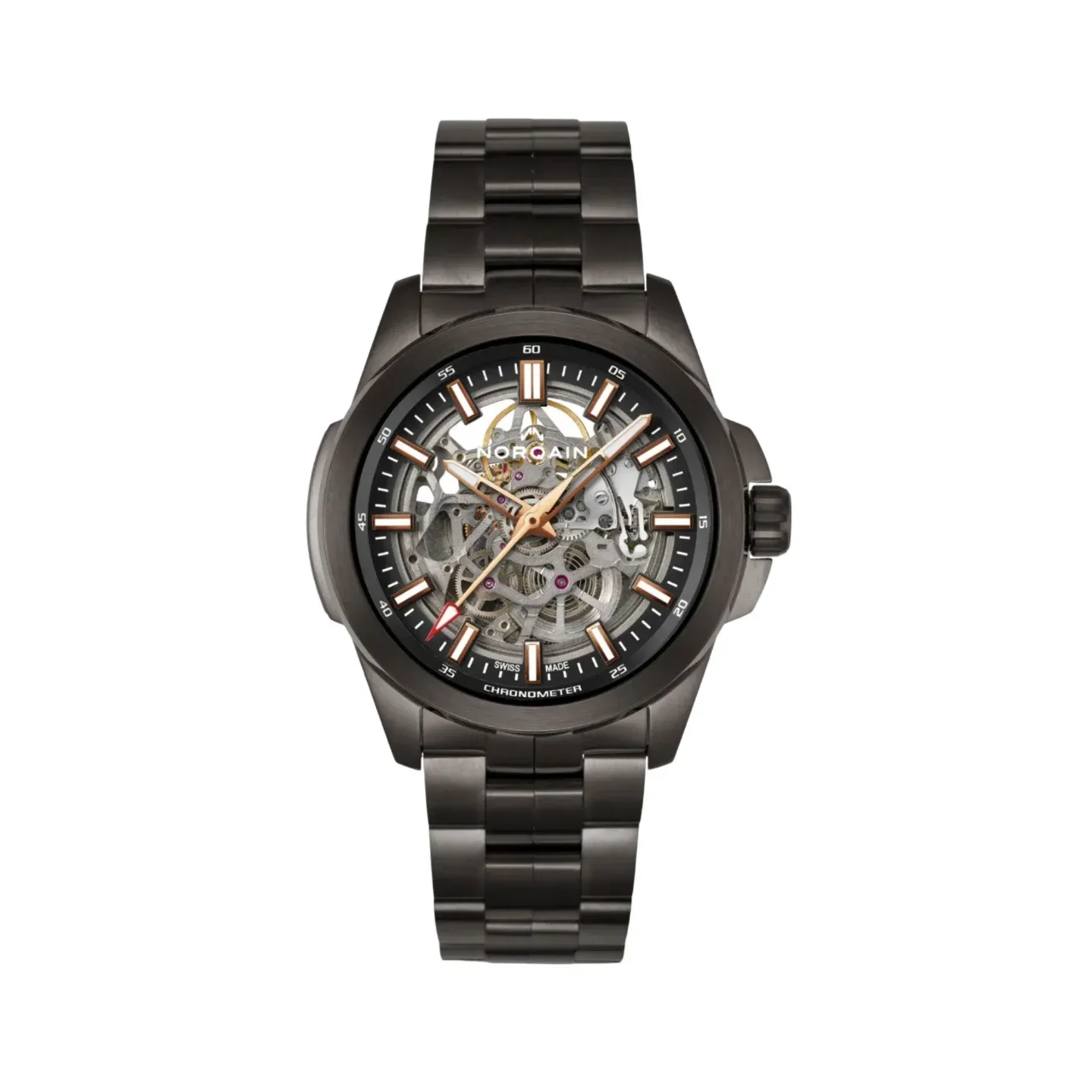 Norqain Independence Skeleton 42 DLC Gold Hand & Indexes Steel Bracelet (NB3000B03A/303/102BI)