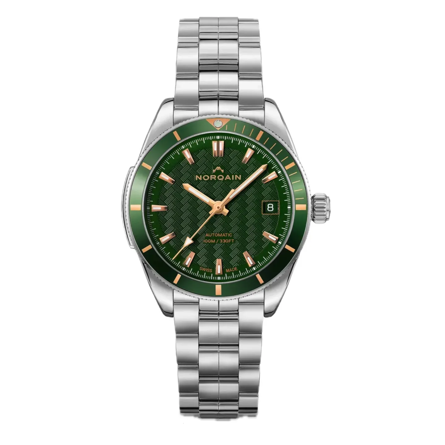 Norqain Adventure Sport 37mm Auto Green Alu Bezel Green Dial with Gold Indexes Steel Bracelet (N1800A84GA/E183/182S)