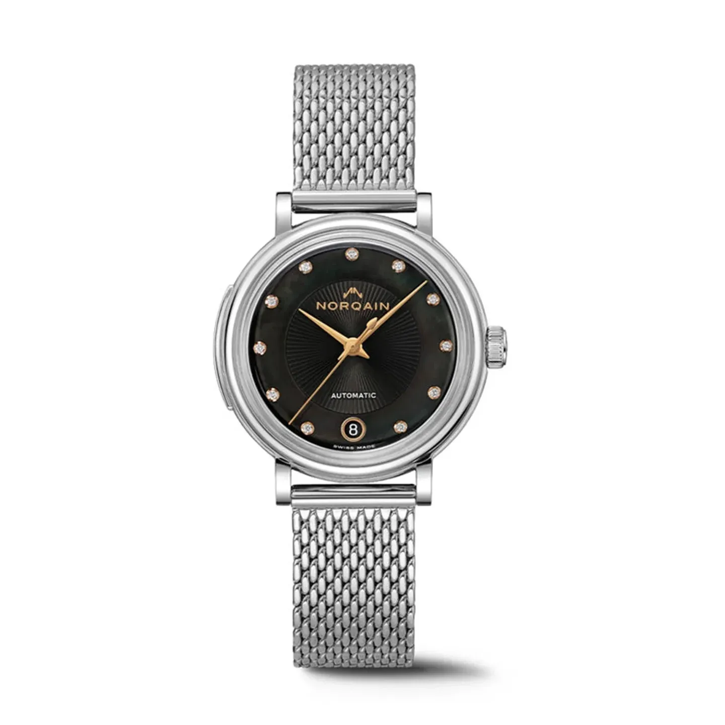 Norqain Freedom 60 34mm Steel Bezel Black MOP & Diamonds Dial Milanaise Bracelet (N2800S82A/BM28D/281S)