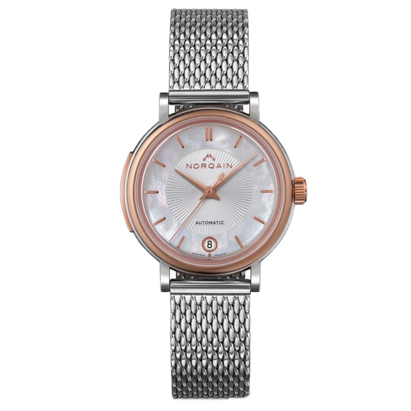 Norqain Freedom 60 Lady Auto Steel & Gold Bezel MOP Dial Milanaise Bracelet (N2800G82A/M28G/281S)