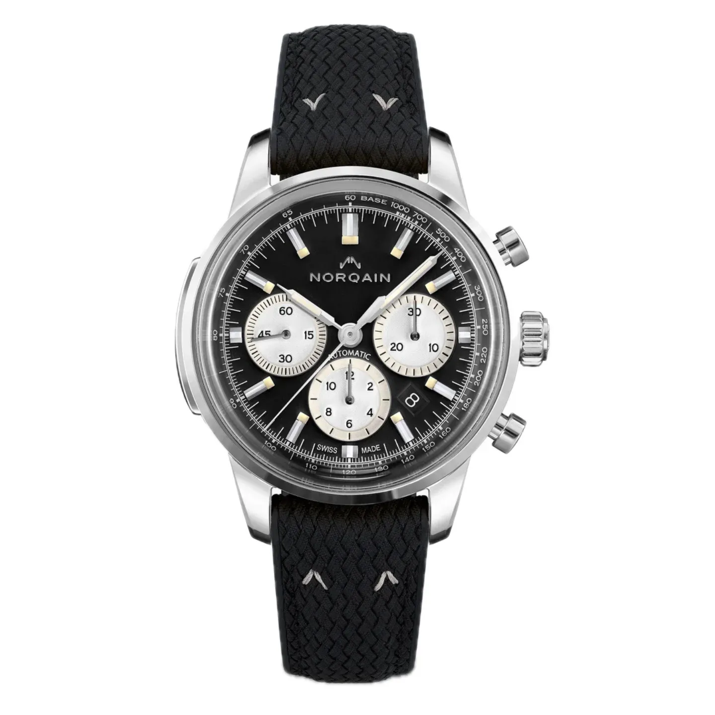 Norqain Freedom 60 Chrono Steel Black Dial & Silver Counters Black Perlon Rubber Strap (N2200S22C/B221/20BPR.18S)