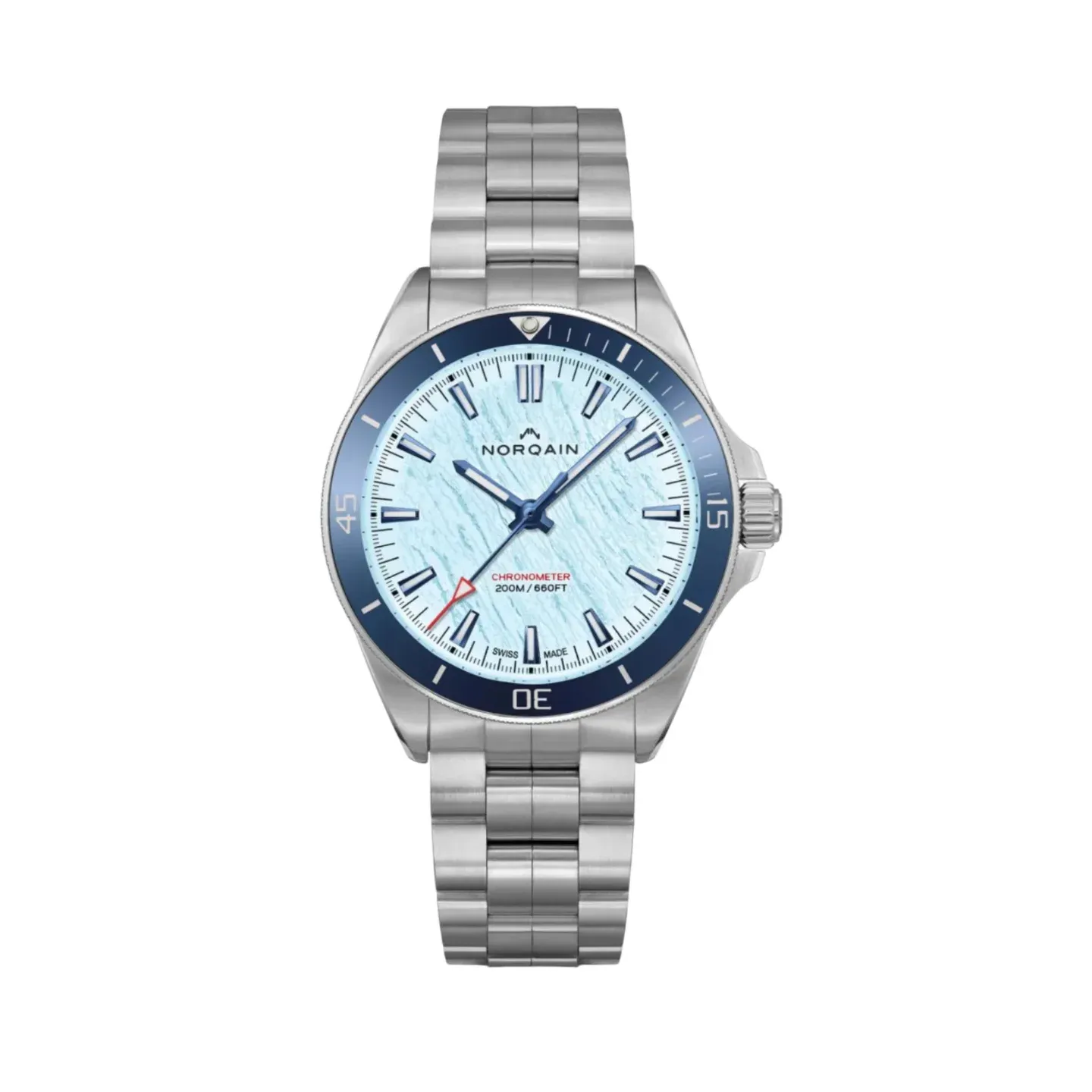 Norqain Adventure Neverest 40 Steel Blue Ceramic Ring Ice Blue Glacier Dial Steel Bracelet Limited Edition (NN1001SC2CA/IAGL109/150SS)