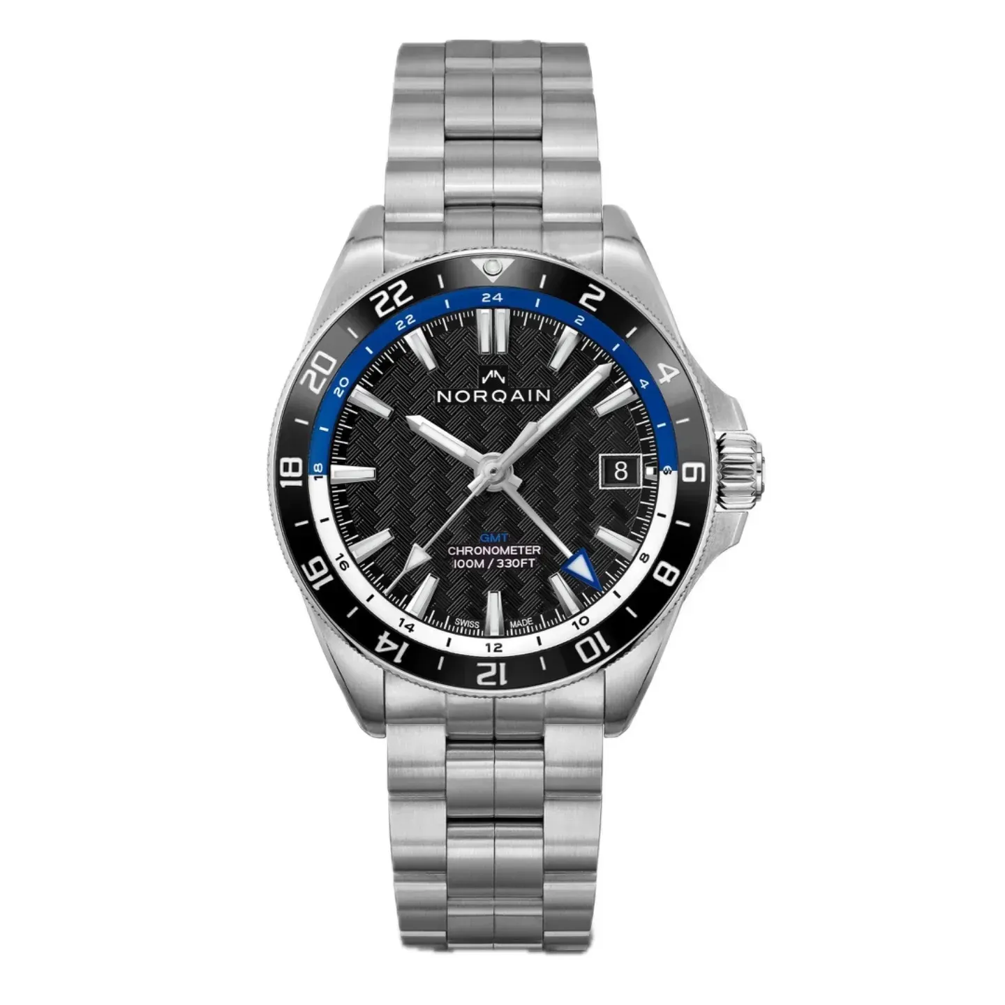Norqain Adventure Neverest GMT Steel Steel Bezel Black Ceramic Ring Black Dial Blue & White GMT Ring Satined Steel Bracelet (NN1100SC1CG/BA111/150SSG)