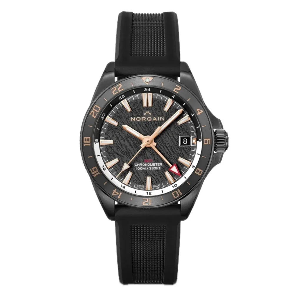 Norqain Adventure Neverest GMT DLC Black & 5N Ceramic Ring Black Glacier Dial Black Rubber Strap (NNB1100BC1CG/BGL113/15BR.18B)